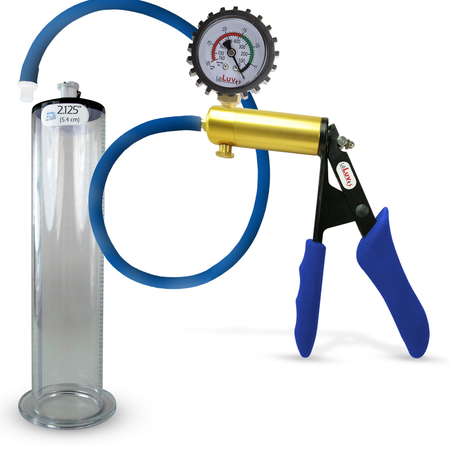 LeLuv® Ultima Brass Penis Pump - Blue Silicone Grip and Hose with Wide Flange Cylinders