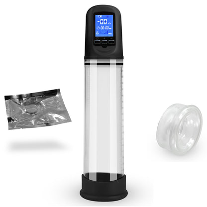 Smart AUTO LCD Rechargeable 2.4" x 8" Penis pump Kit & 2 sleeves 1 cockring - Black