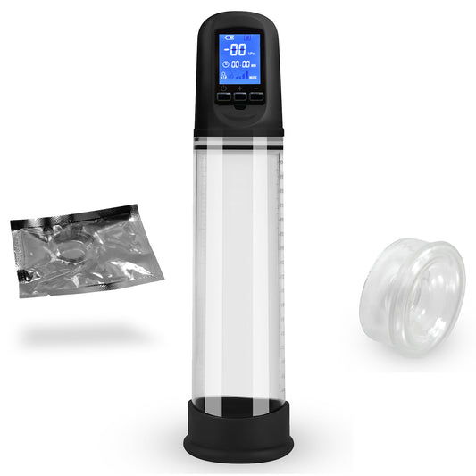 Smart AUTO LCD Rechargeable 2.4" x 8" Penis pump Kit & 2 sleeves 1 cockring - Black